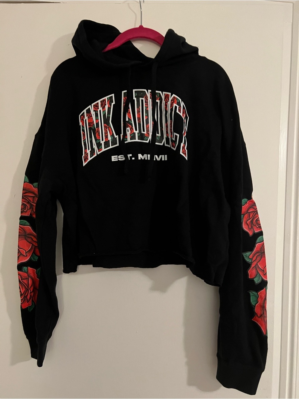 Ink Addict Black Cropped Hoodie with Red Rose Sleeve Graphics